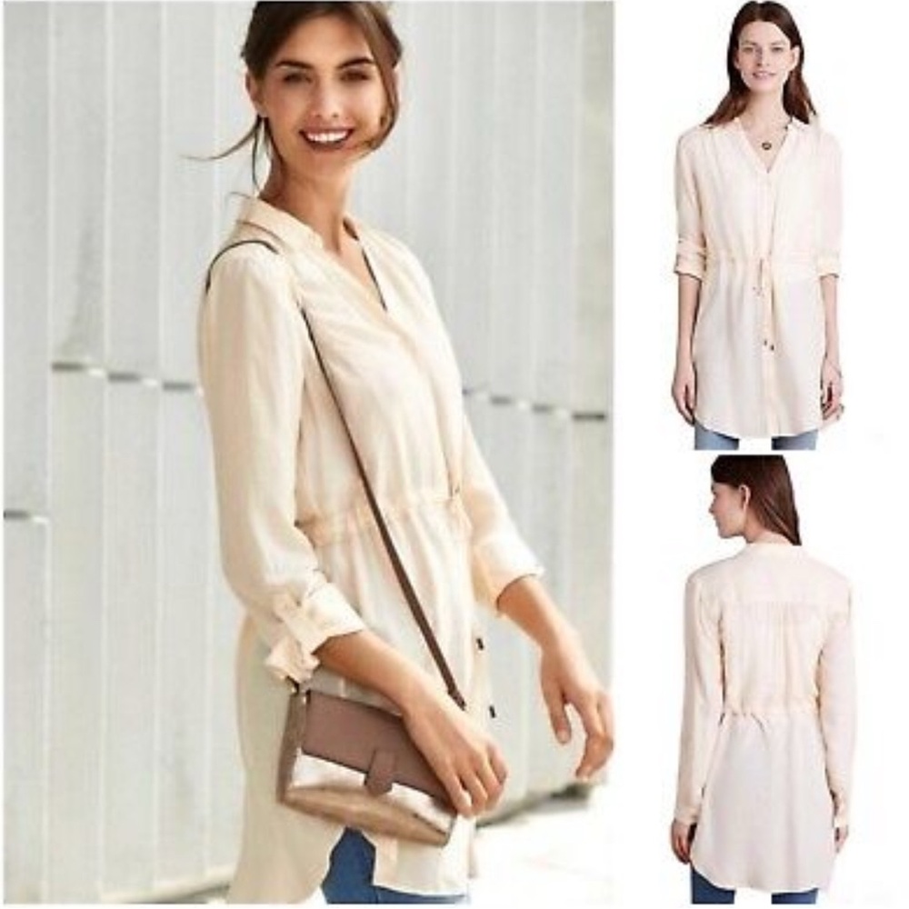 Anthropologie HD in Paris ivory peach V-Neck Maja Button Down Tunic Top SP